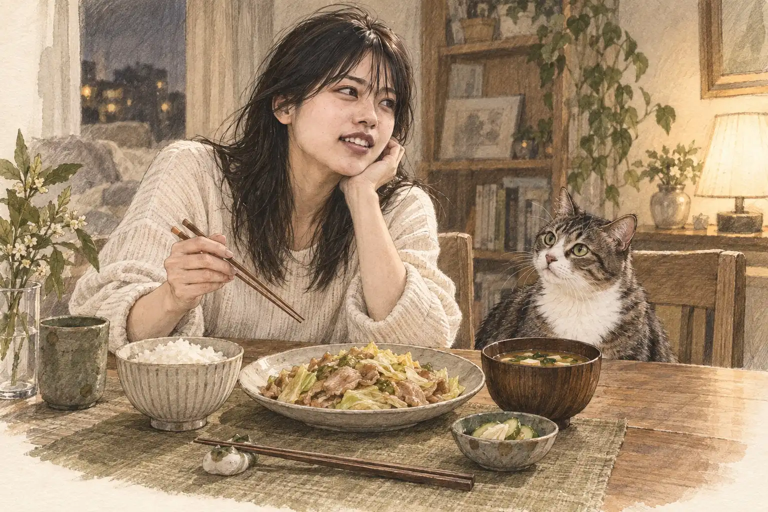 豚肉とキャベツの炒め物の夕食
