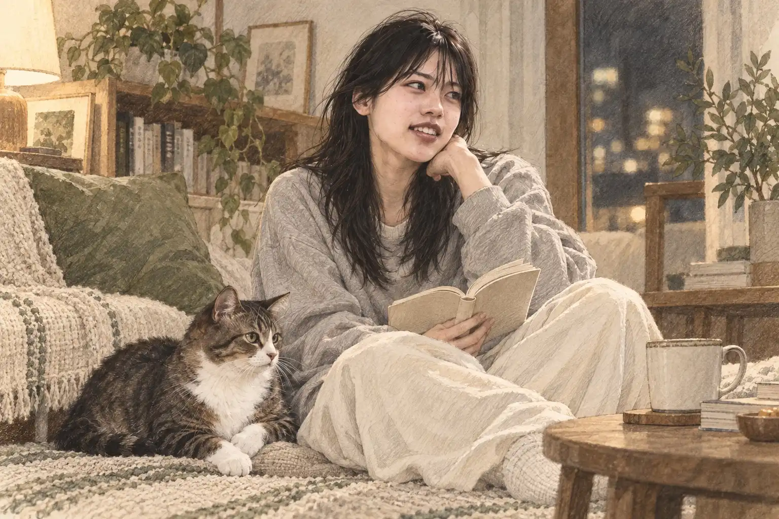 家で本を読む凛と猫のむぎ
